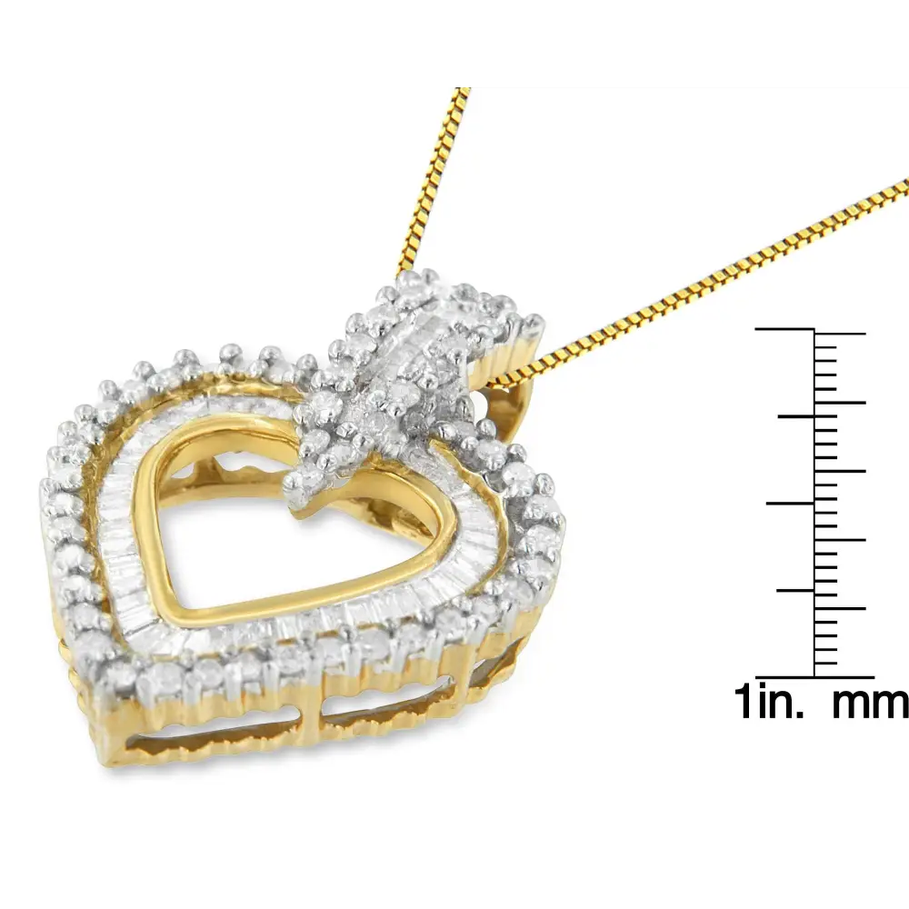 10k Yellow Gold Round and Baguette Cut Diamond Heart Shaped Pendant Necklace (1 Cttw H-i Color I2-i3 Clarity) - Fine