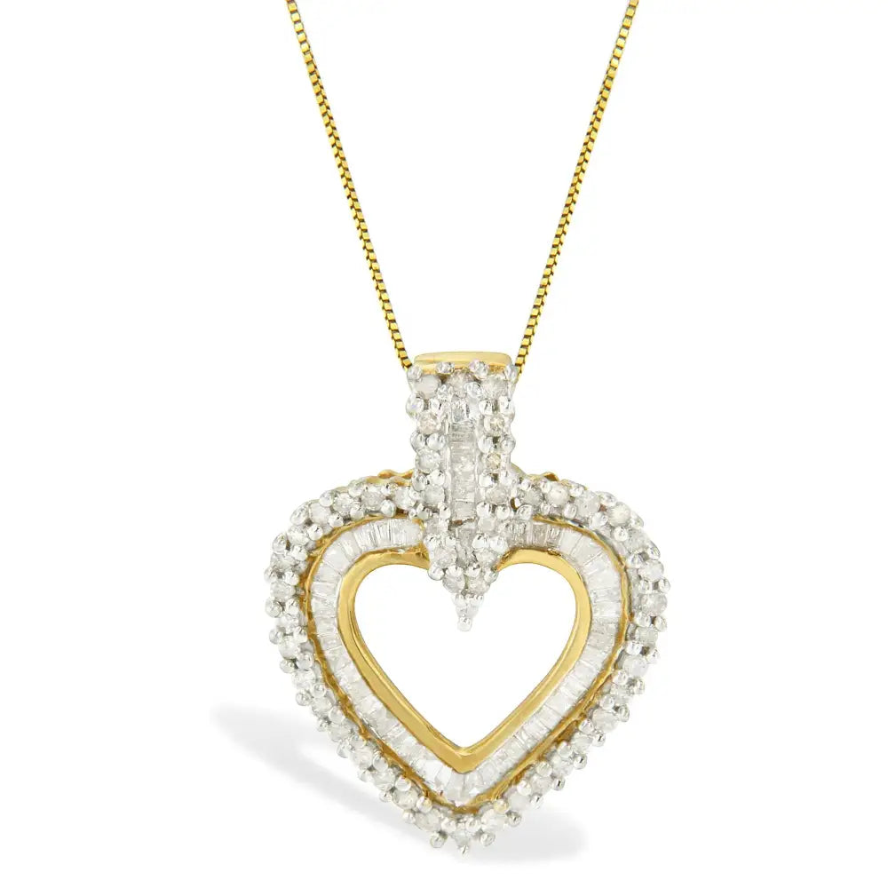 10k Yellow Gold Round and Baguette Cut Diamond Heart Shaped Pendant Necklace (1 Cttw H-i Color I2-i3 Clarity) - Fine