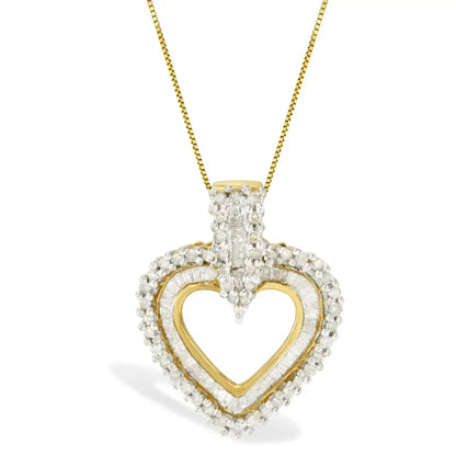 10k Yellow Gold Round and Baguette Cut Diamond Heart Shaped Pendant Necklace (1 Cttw H-i Color I2-i3 Clarity) - Fine