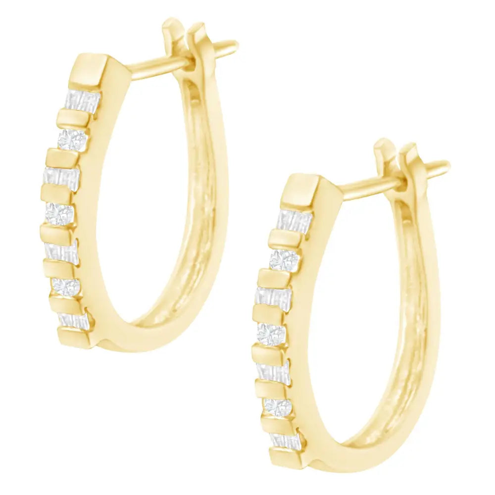 10k Yellow Gold Round and Baguette Cut Diamond Oblong Hinged Leverback Hoop Earrings (¼ Cttw I-j Color I2-i3 Clarity)