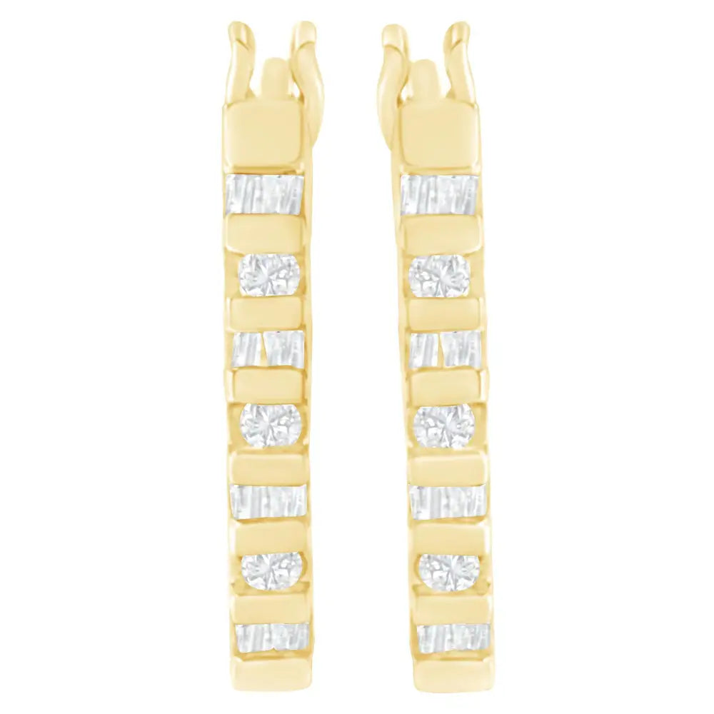 10k Yellow Gold Round and Baguette Cut Diamond Oblong Hinged Leverback Hoop Earrings (¼ Cttw I-j Color I2-i3 Clarity)