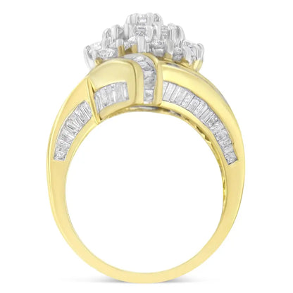 10k Yellow Gold Round and Baguette Diamond Crossover Cluster Ring (3 Cttw I-j Color I1-i2 Clarity) - Fine Jewelry