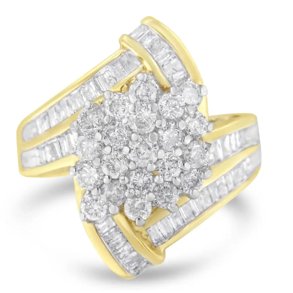 10k Yellow Gold Round and Baguette Diamond Crossover Cluster Ring (3 Cttw I-j Color I1-i2 Clarity) - Fine Jewelry