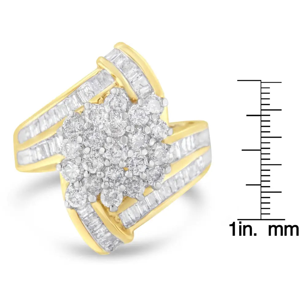 10k Yellow Gold Round and Baguette Diamond Crossover Cluster Ring (3 Cttw I-j Color I1-i2 Clarity) - Fine Jewelry