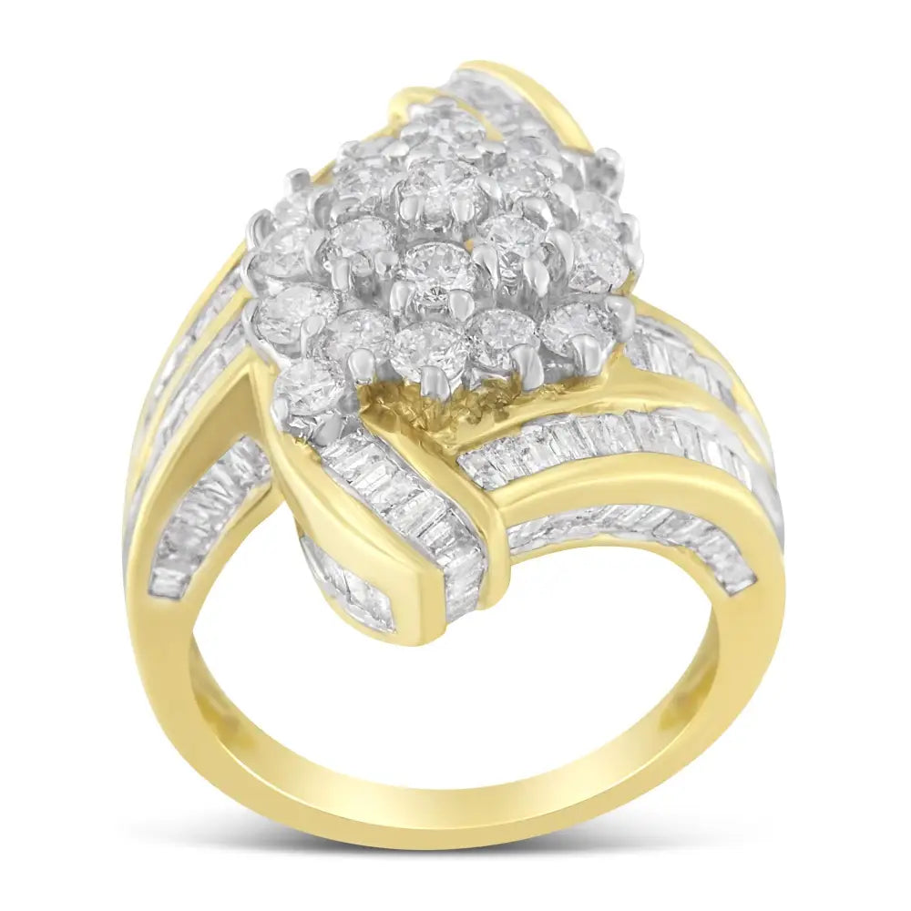 10k Yellow Gold Round and Baguette Diamond Crossover Cluster Ring (3 Cttw I-j Color I1-i2 Clarity) - Fine Jewelry