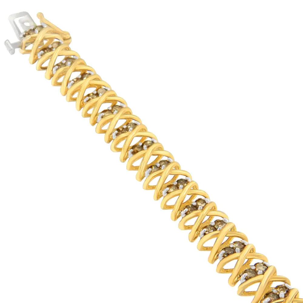 10k Yellow Gold Round Cut Champagne Diamond Interlocking Bracelet (4.00 Cttw J-k Color I2-i3 Clarity) - Fine Jewelry