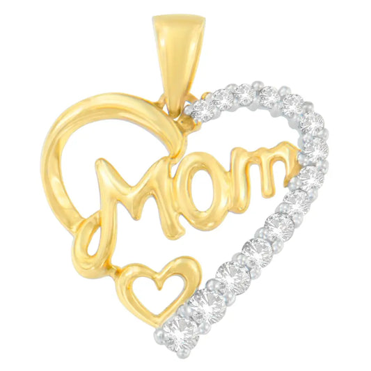 10k Yellow Gold Round Cut Diamond Mom Heart Pendant Necklace (0.25 Cttw H-i Color I1-i2 Clarity) - Fine Jewelry