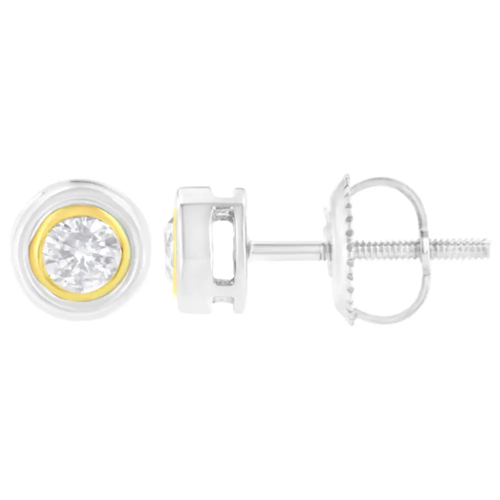 10k Yellow & White Two-tone Gold 1/5 Cttw Round Brilliant-cut Near Colorless Diamond Bezel-set Stud Earrings with Screw