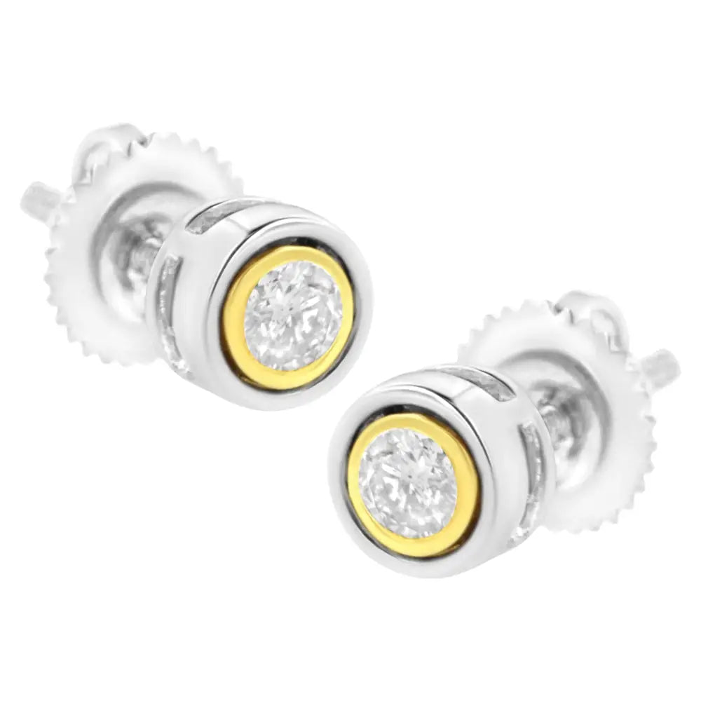 10k Yellow & White Two-tone Gold 1/5 Cttw Round Brilliant-cut Near Colorless Diamond Bezel-set Stud Earrings with Screw