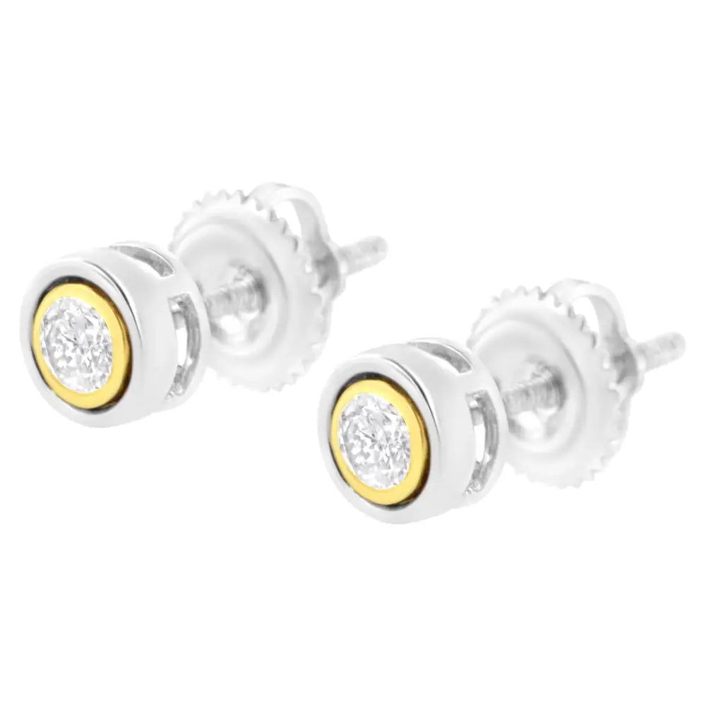 10k Yellow & White Two-tone Gold 1/5 Cttw Round Brilliant-cut Near Colorless Diamond Bezel-set Stud Earrings with Screw