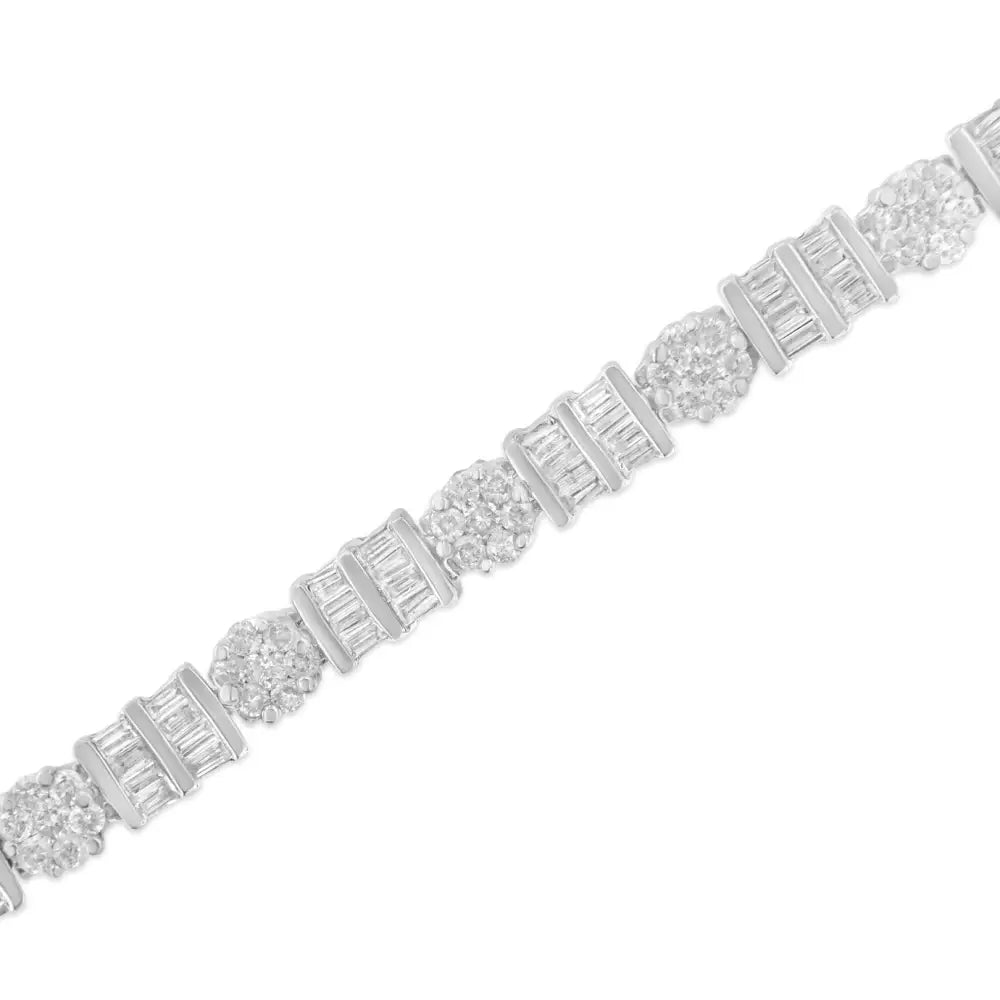 14k Gold 3-3/8 Cttw Round & Baguette-cut Diamond Cluster Alternating Station 7’’ Tennis Bracelet (h-i Color I1-i2