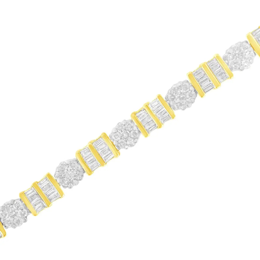 14k Gold 3-3/8 Cttw Round & Baguette-cut Diamond Cluster Alternating Station 7’’ Tennis Bracelet (h-i Color I1-i2