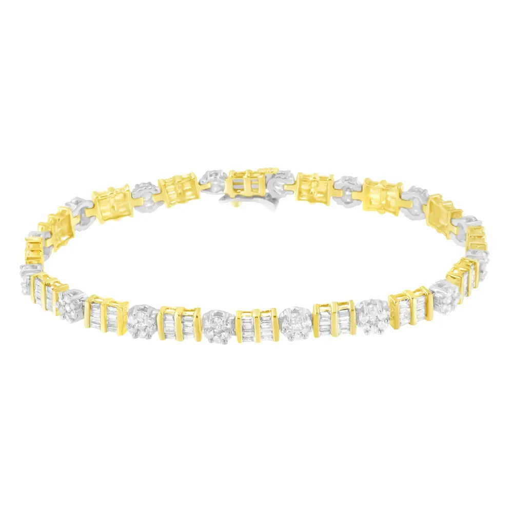 14k Gold 3-3/8 Cttw Round & Baguette-cut Diamond Cluster Alternating Station 7’’ Tennis Bracelet (h-i Color I1-i2