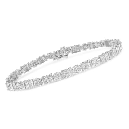 14k Gold 3-3/8 Cttw Round & Baguette-cut Diamond Cluster Alternating Station 7’’ Tennis Bracelet (h-i Color I1-i2