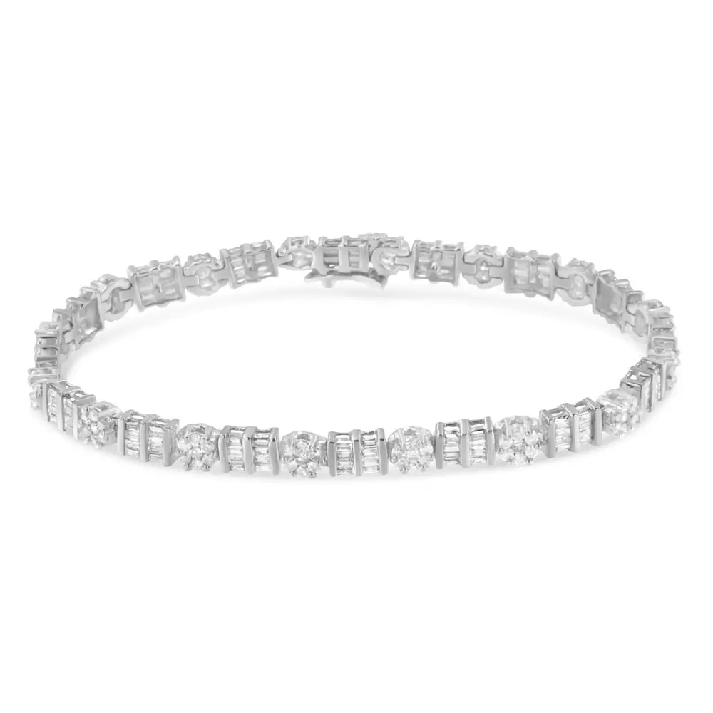 14k Gold 3-3/8 Cttw Round & Baguette-cut Diamond Cluster Alternating Station 7’’ Tennis Bracelet (h-i Color I1-i2