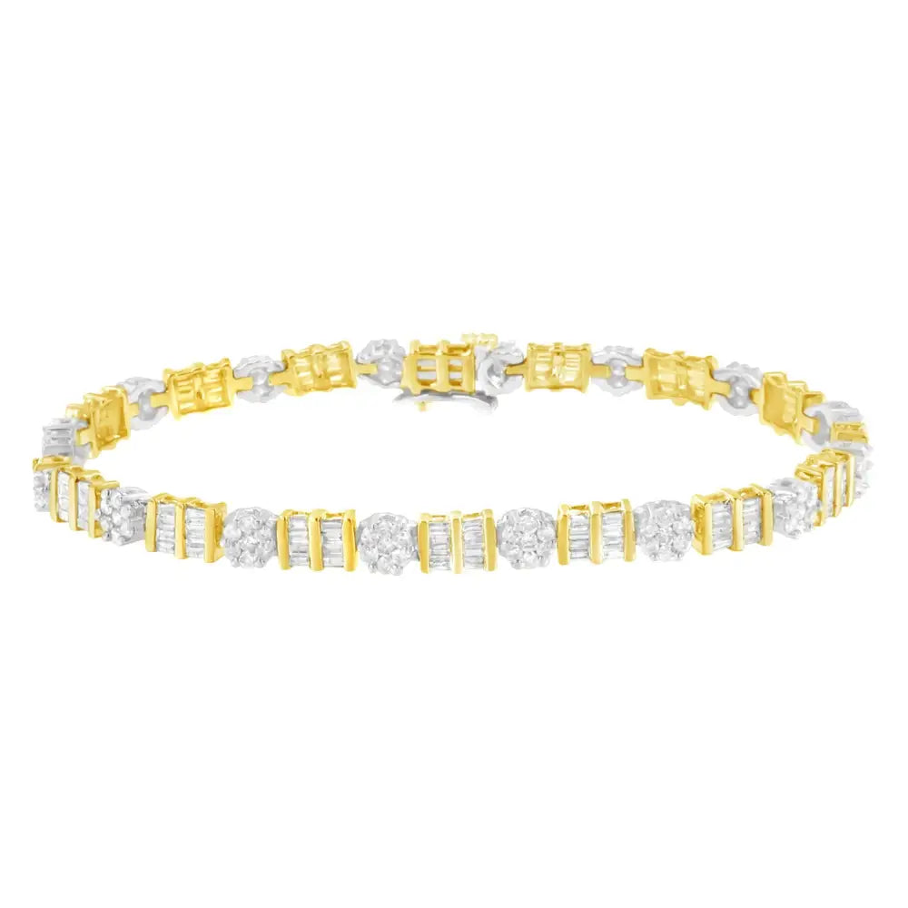 14k Gold 3-3/8 Cttw Round & Baguette-cut Diamond Cluster Alternating Station 7’’ Tennis Bracelet (h-i Color I1-i2