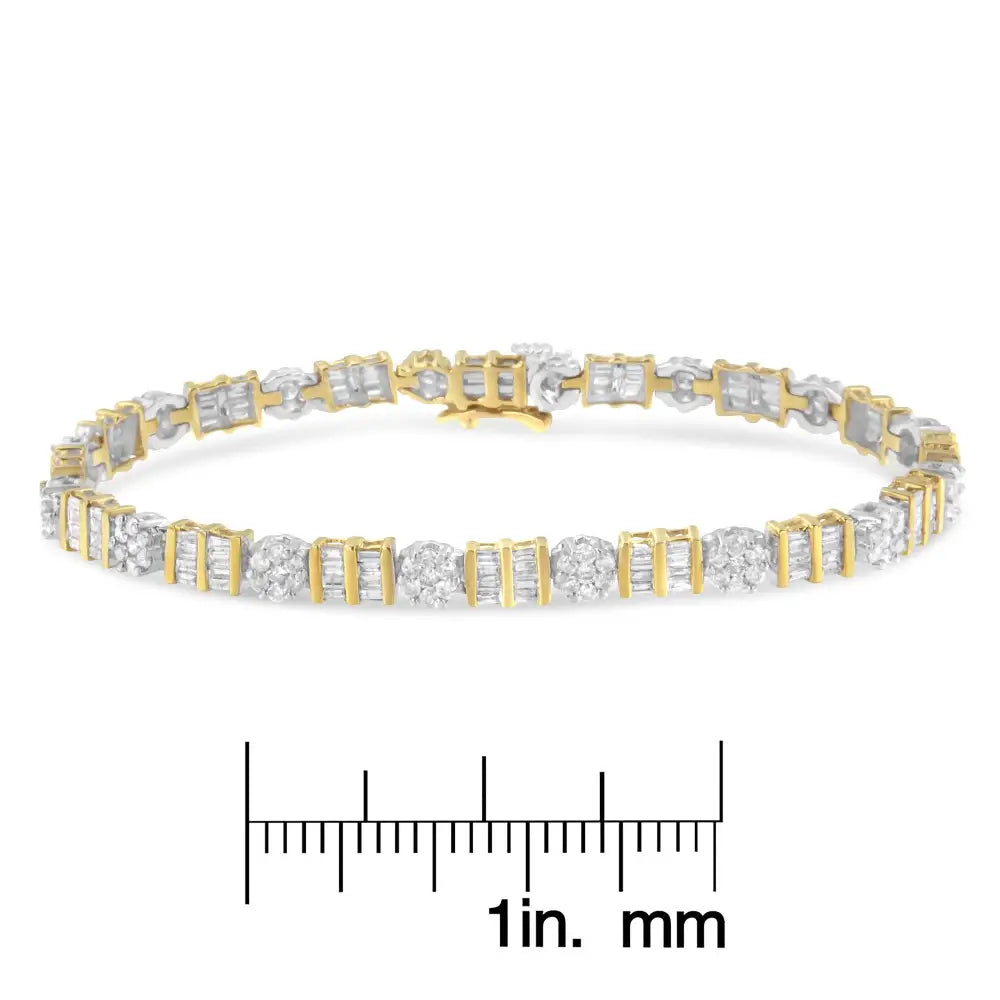 14k Gold 3-3/8 Cttw Round & Baguette-cut Diamond Cluster Alternating Station 7’’ Tennis Bracelet (h-i Color I1-i2