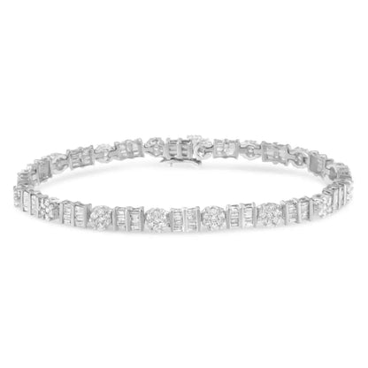 14k Gold 3-3/8 Cttw Round & Baguette-cut Diamond Cluster Alternating Station 7’’ Tennis Bracelet (h-i Color I1-i2