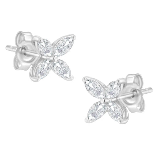 14k Gold Marquise Diamond 8 Stone Floral Leaf Stud Earrings (i-j Color Si2-i1 Clarity) - Fine Jewelry us Direct