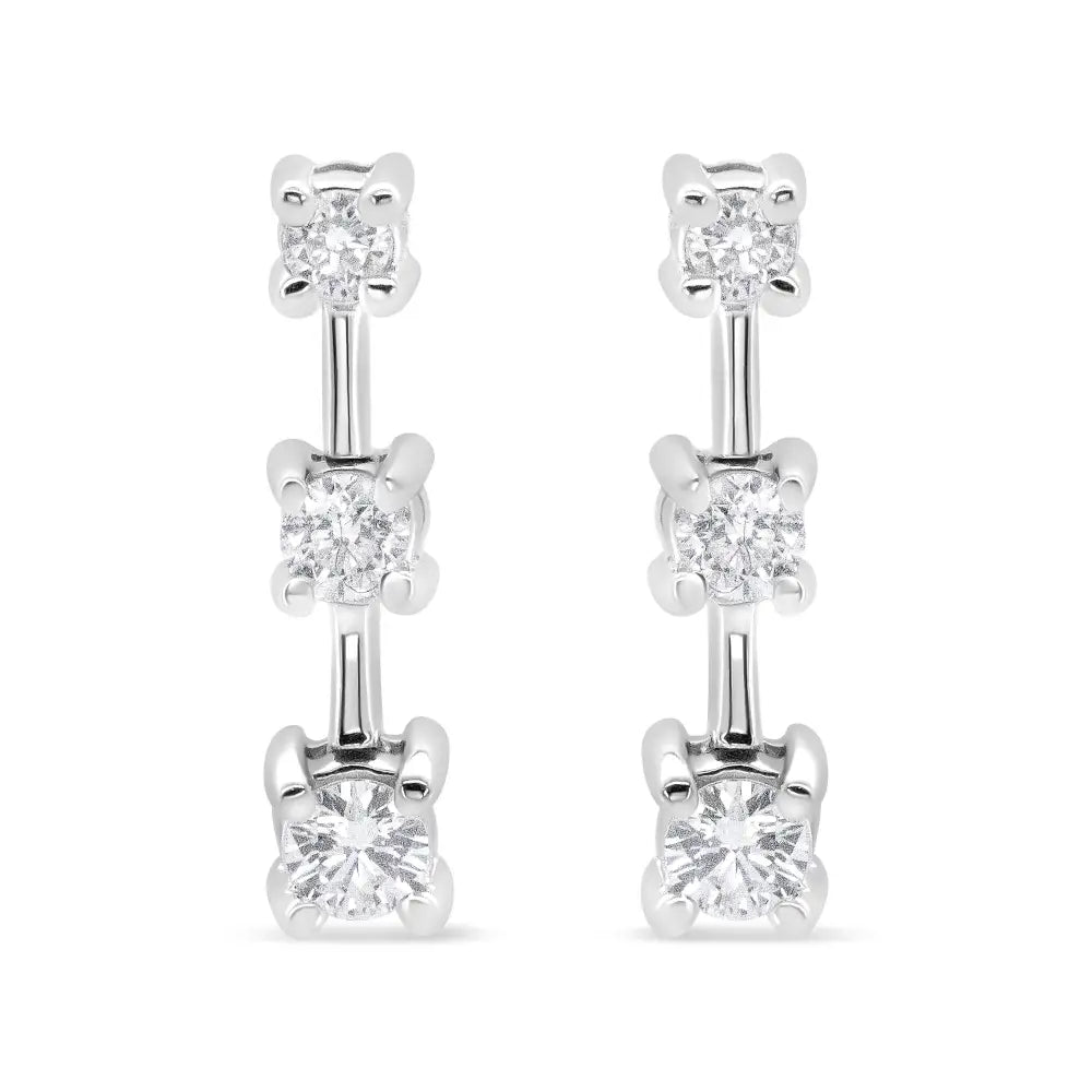 14k Gold Round Diamond 3 Stone Graduated Linear Drop Past Present and Future Stud Earrings (h-i Color Si1-si2 Clarity)