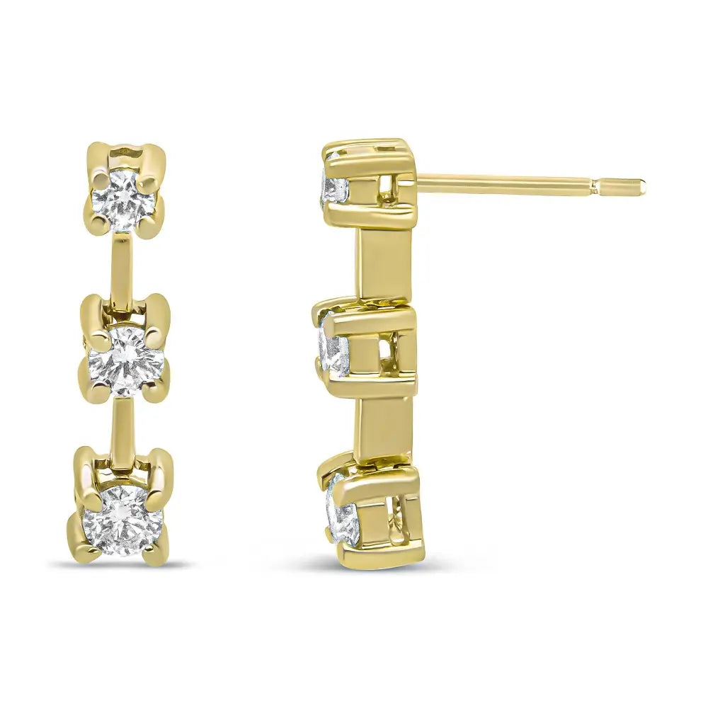 14k Gold Round Diamond 3 Stone Graduated Linear Drop Past Present and Future Stud Earrings (h-i Color Si1-si2 Clarity)