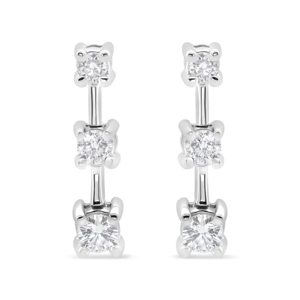 14k Gold Round Diamond 3 Stone Graduated Linear Drop Past Present and Future Stud Earrings (h-i Color Si1-si2 Clarity)