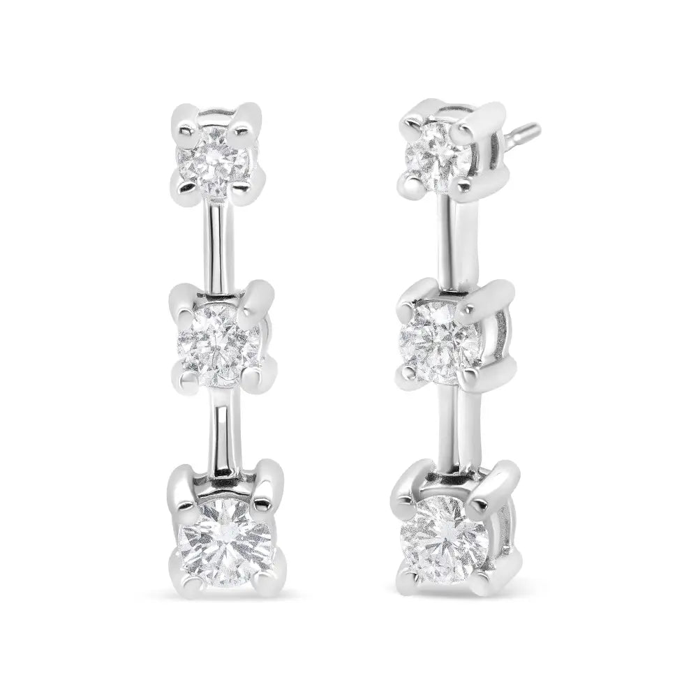 14k Gold Round Diamond 3 Stone Graduated Linear Drop Past Present and Future Stud Earrings (h-i Color Si1-si2 Clarity)