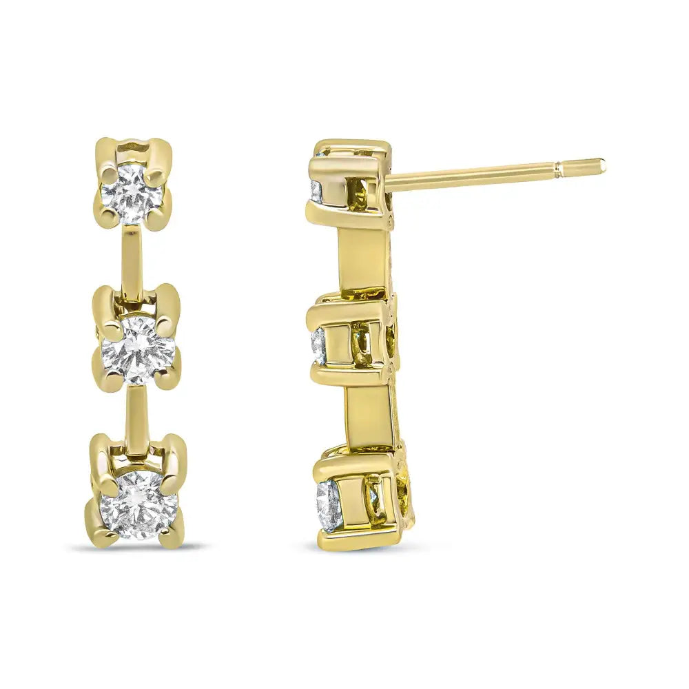 14k Gold Round Diamond 3 Stone Graduated Linear Drop Past Present and Future Stud Earrings (h-i Color Si1-si2 Clarity)