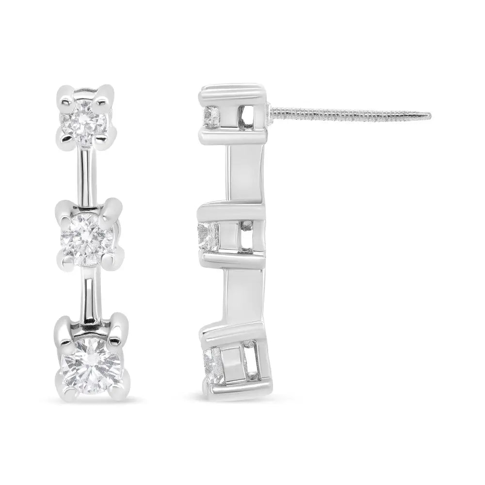 14k Gold Round Diamond 3 Stone Graduated Linear Drop Past Present and Future Stud Earrings (h-i Color Si1-si2 Clarity)