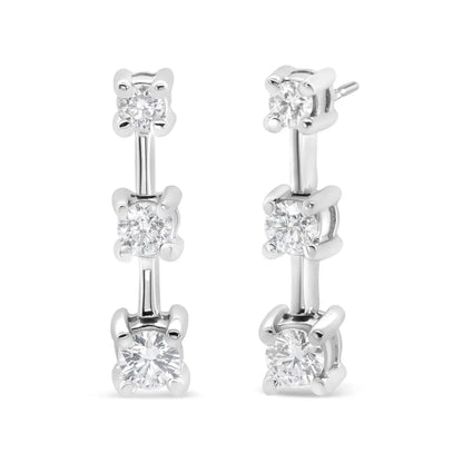 14k Gold Round Diamond 3 Stone Graduated Linear Drop Past Present and Future Stud Earrings (h-i Color Si1-si2 Clarity)