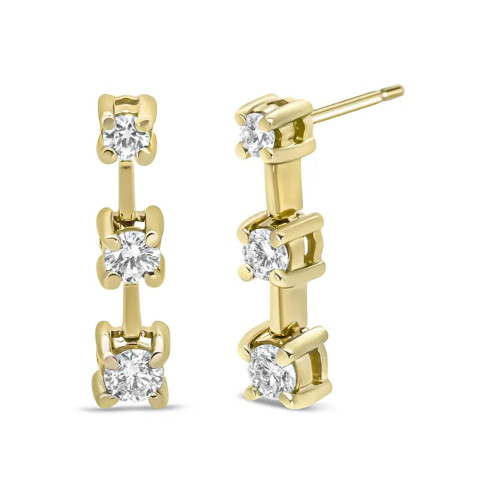 14k Gold Round Diamond 3 Stone Graduated Linear Drop Past Present and Future Stud Earrings (h-i Color Si1-si2 Clarity)