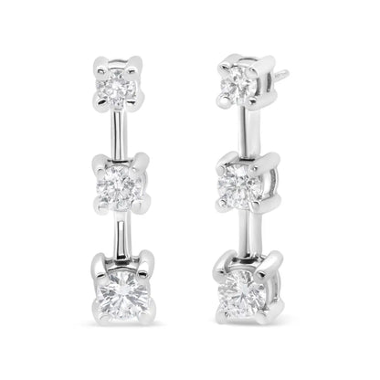 14k Gold Round Diamond 3 Stone Graduated Linear Drop Past Present and Future Stud Earrings (h-i Color Si1-si2 Clarity)