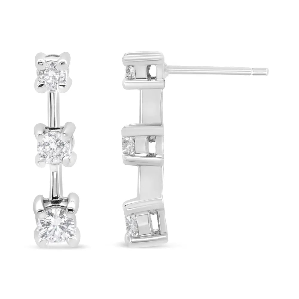 14k Gold Round Diamond 3 Stone Graduated Linear Drop Past Present and Future Stud Earrings (h-i Color Si1-si2 Clarity)