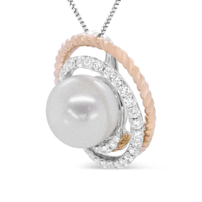 14k Rose and White Gold 3/8 Cttw Pave Diamond 9mm Round Pearl Spiral Openwork 18’’ Pendant Necklace- (h-i Color