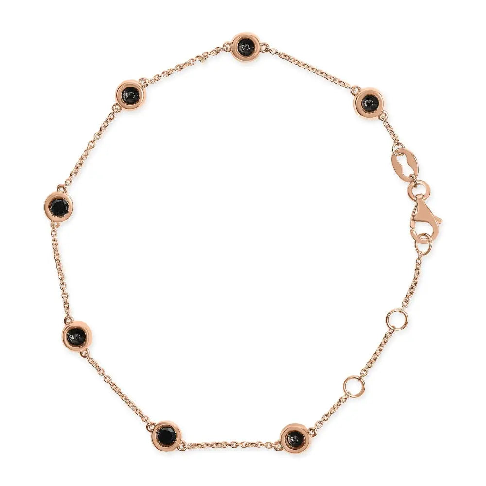 14k Rose Gold 1.00 Cttw Bezel Set Black Diamond 7 Station Link Bracelet (black Color I2-i3 Clarity) - 7.5’’ Inches