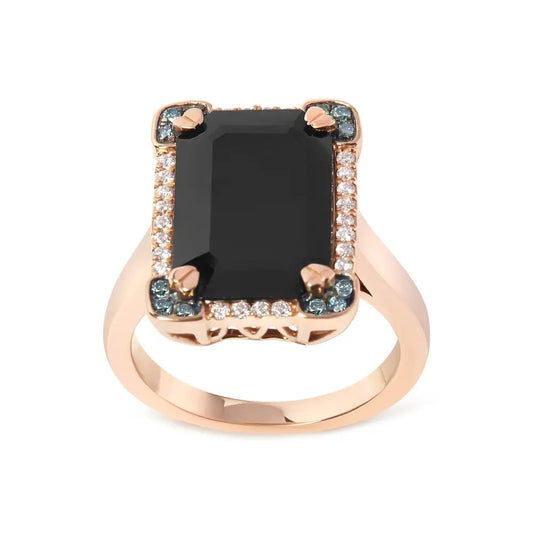 14k Rose Gold 15x10 Mm Emerald-cut Black Onyx and 1/5 Cttw Blue White Diamond Halo Cocktail Ring (g-h Color Si1-si2