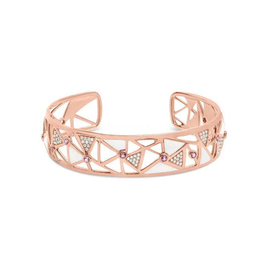 14k Rose Gold 5/8 Cttw Diamond with Pink Tourmaline Open Cuff Bangle White Enamel (g-h Color Si1-si2 Clarity) - 7’’