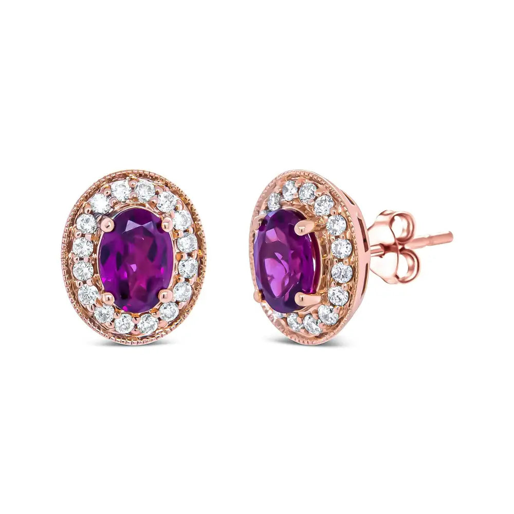 14k Rose Gold 7x5mm Oval Cut Garnet and 3/8 Cttw Round Diamond Halo Stud Earrings (g-h Color Si1-si2 Clarity) - Fine