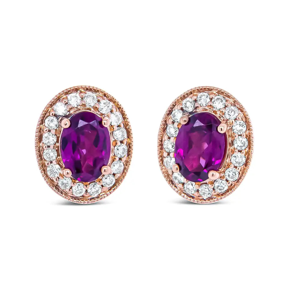 14k Rose Gold 7x5mm Oval Cut Garnet and 3/8 Cttw Round Diamond Halo Stud Earrings (g-h Color Si1-si2 Clarity) - Fine