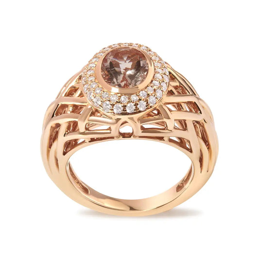 14k Rose Gold Oval Cut Light Pink Morganite and 3/8 Cttw Diamonds Halo Basket Weave Cocktail Ring (g-h Color Si1-si2