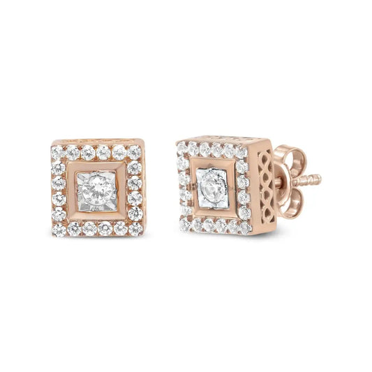 14k Rose Gold Plated.925 Sterling Silver 1/2 Cttw Diamond Halo Square-shaped Frame Stud Earring (i-j Color I3 Clarity)