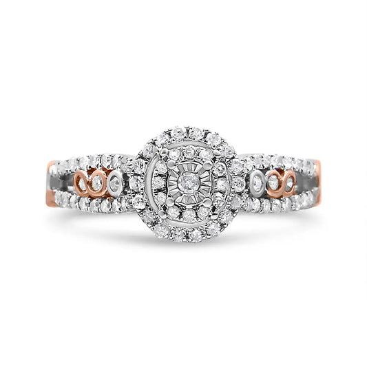 14k Rose Gold Plated.925 Sterling Silver 1/2 Cttw Round Diamond Double Frame Cross-over Split Shank Engagement Ring