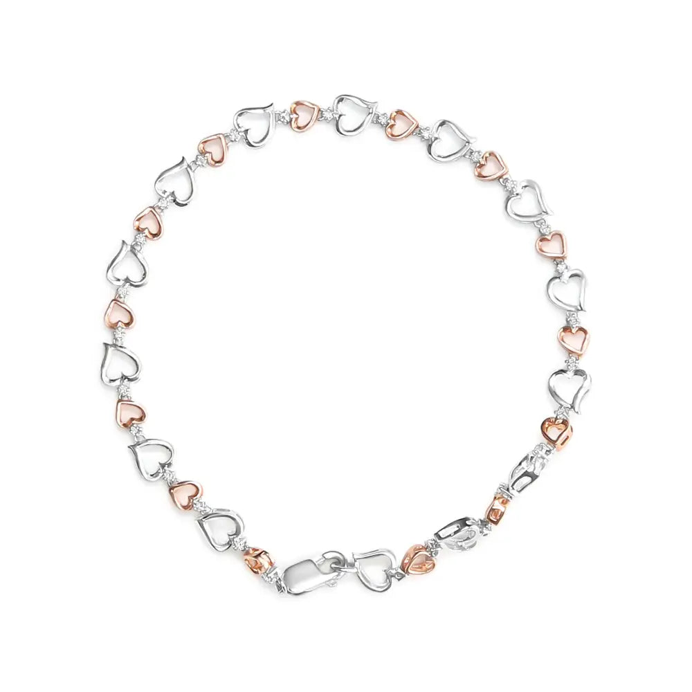 14k Rose Gold Plated.925 Sterling Silver 1/4 Cttw Diamond Heart Link Bracelet (i-j Color I2-i3 Clarity) - Size 7’’