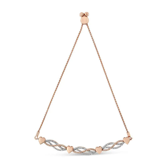 14k Rose Gold Plated.925 Sterling Silver Cttw Diamond Accent Layered Infinity Link and Heart Adjustable 4”-10” Bolo