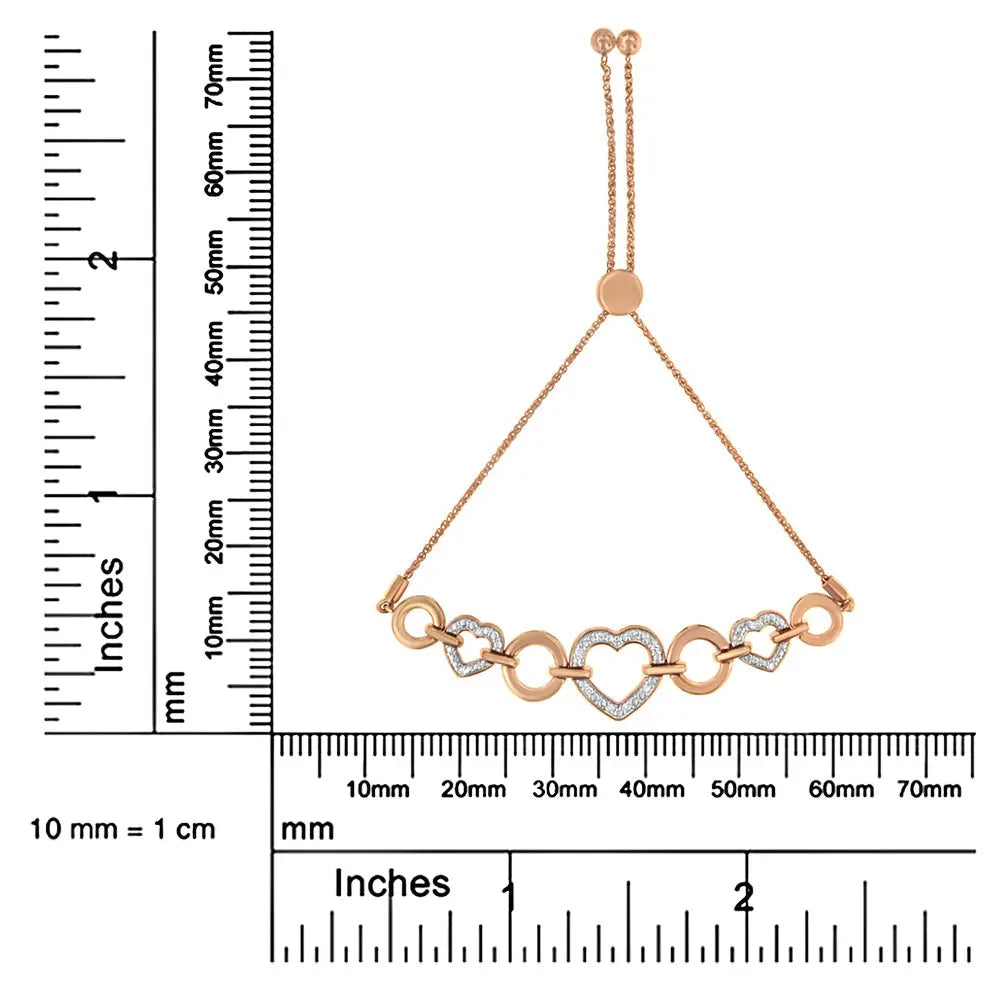 14k Rose Gold Plated.925 Sterling Silver Diamond Accent Circle and Heart Link Adjustable 6”-10” Bolo Bracelet (i-j