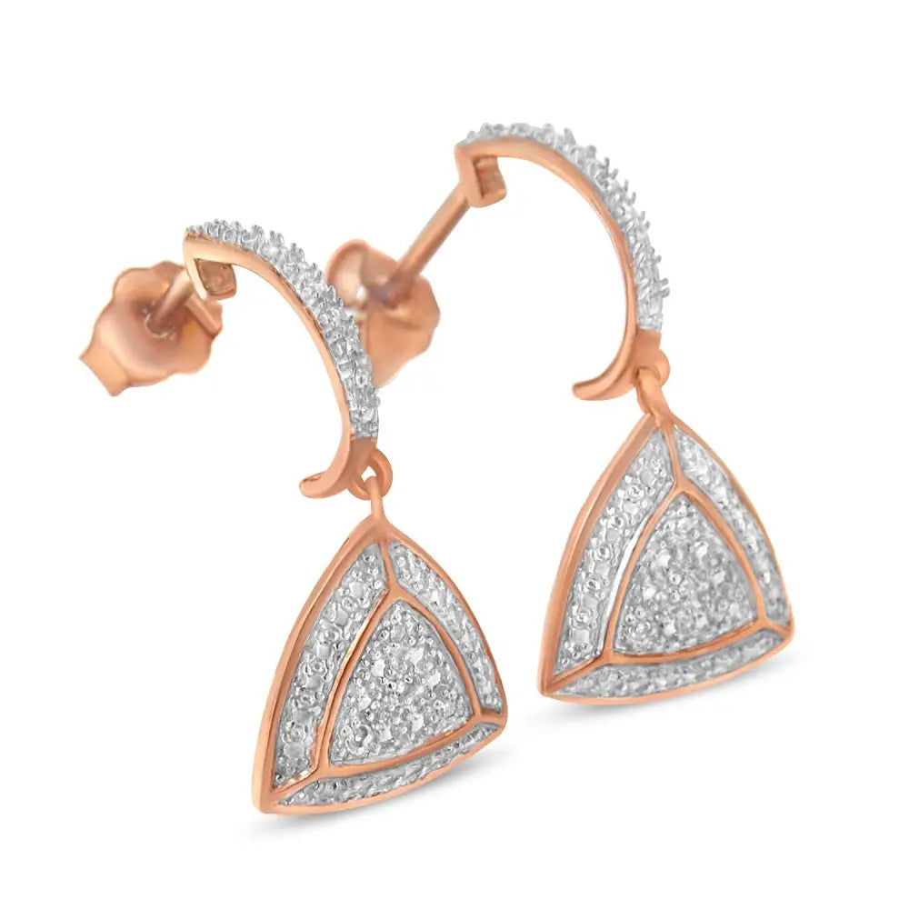 14k Rose Gold Plated.925 Sterling Silver Diamond-accent Trillion Shaped 4-stone Halo Style Dangle Earrings (h-i Color