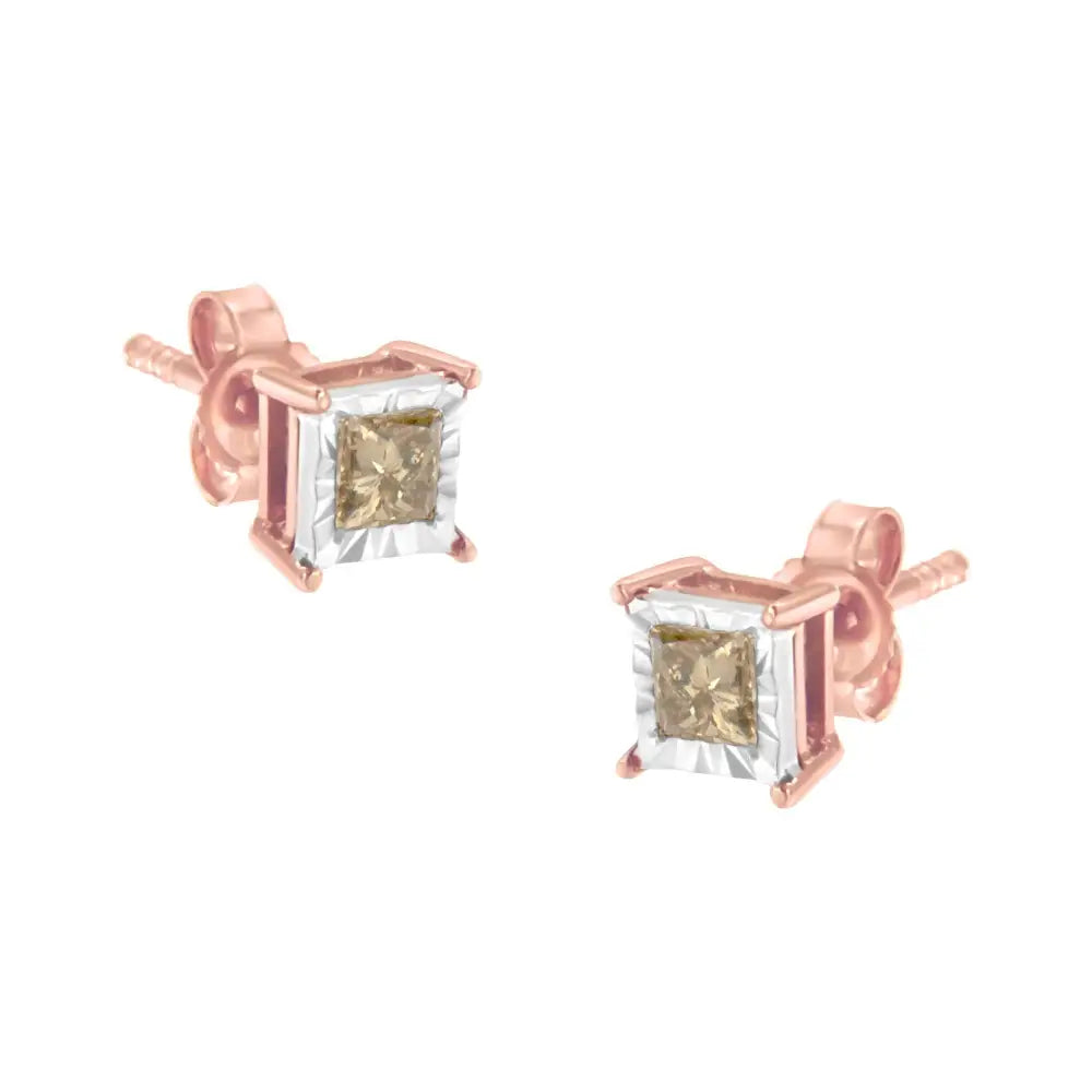 14k Rose Gold Plated Two-tone.925 Sterling Silver 1/2 Cttw Princess-cut Square Diamond Solitaire Miracle-plate Stud