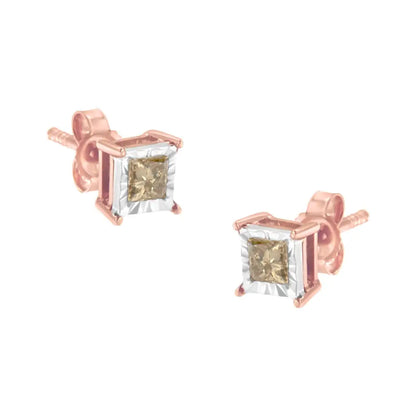 14k Rose Gold Plated Two-tone.925 Sterling Silver 1/2 Cttw Princess-cut Square Diamond Solitaire Miracle-plate Stud