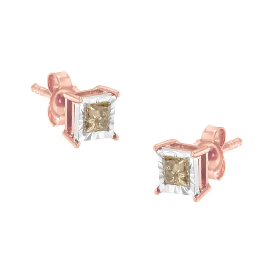 14k Rose Gold Plated Two-tone.925 Sterling Silver 1/2 Cttw Princess-cut Square Diamond Solitaire Miracle-plate Stud