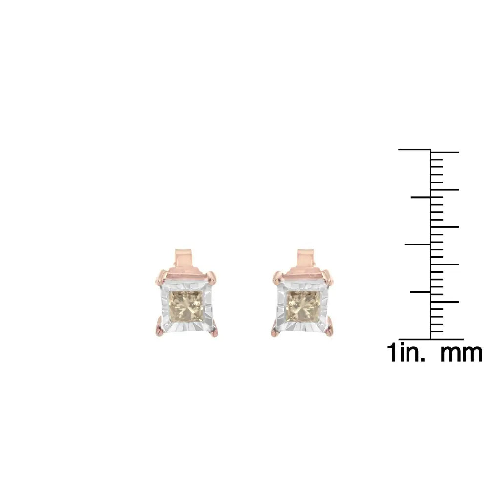 14k Rose Gold Plated Two-tone.925 Sterling Silver 1/2 Cttw Princess-cut Square Diamond Solitaire Miracle-plate Stud